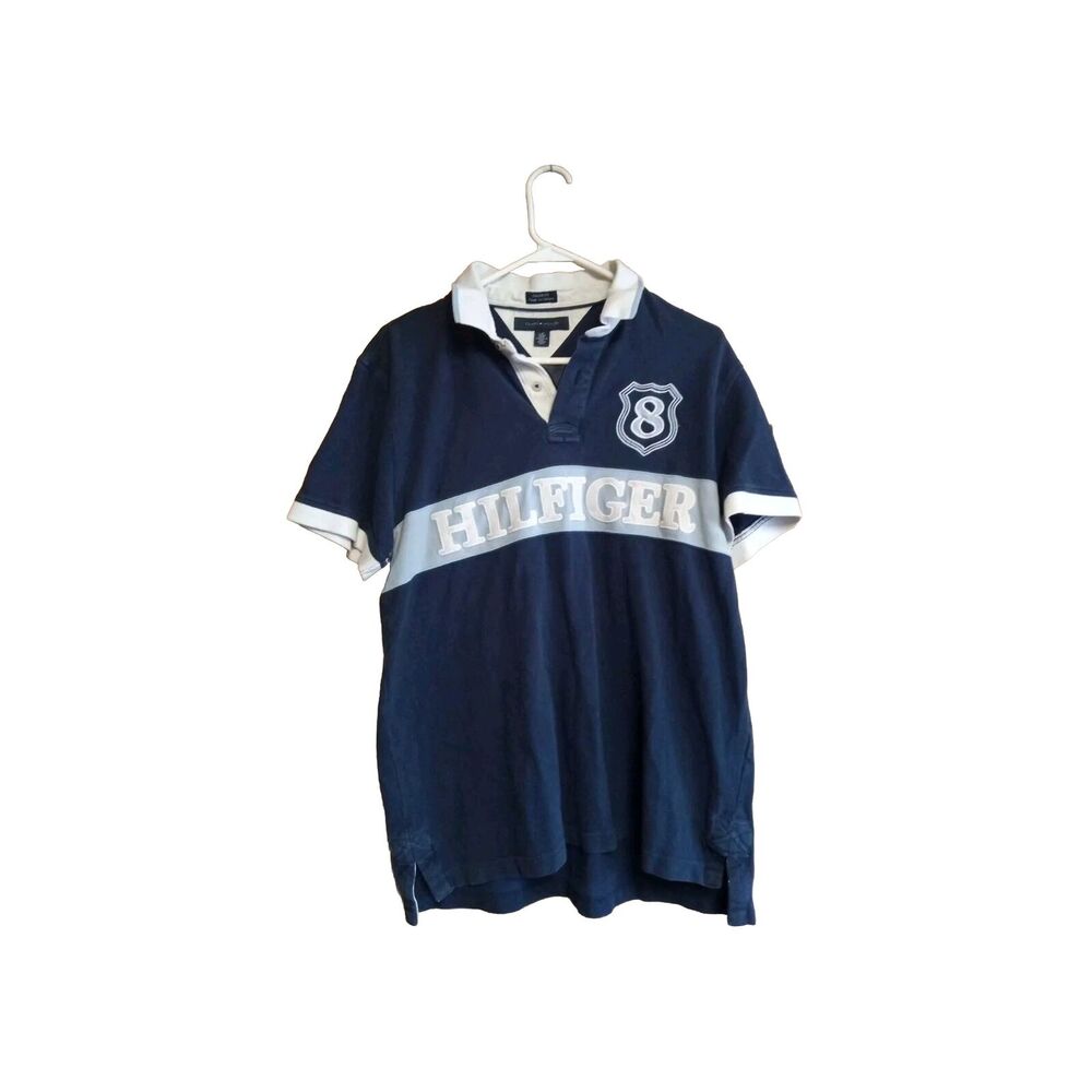 Vtg Y2K Tommy Hilfiger SS Rugby Polo, Embroidered Spellout, Men's Size LG